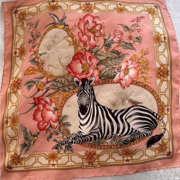 Salvatore Ferragamo Accessories - Vintage 100 Silk Scarf Ferragamo Zebra Pink Floral Safari Square Grandmillennial